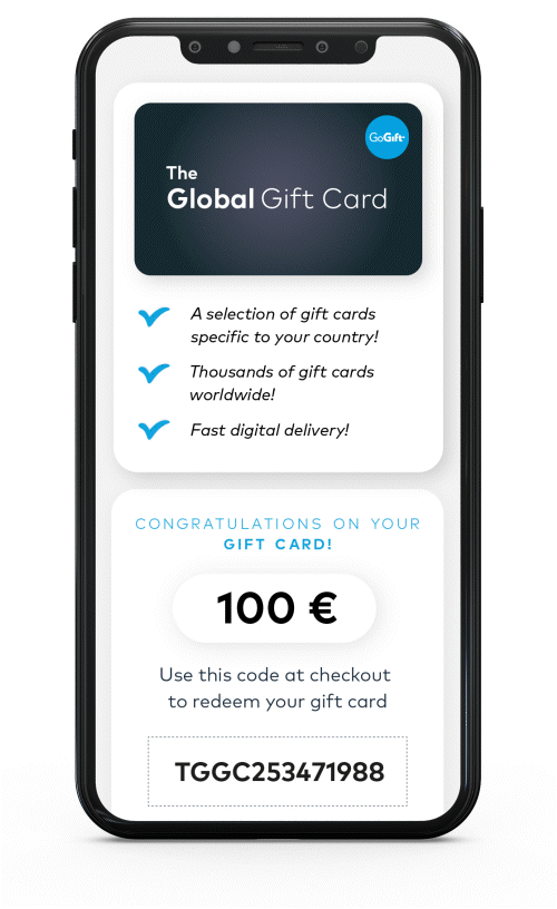 A smartphone screen displaying a "GoGift" app interface with buttons for "START SHOPPING" and "REDEEM GIFT CARD," accompanied by a collage of lifestyle images and a prompt offering help for redeeming a GoGift card with a link to a guide