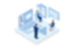 Isometric illustration of professionals interacting with digital devices, charts, and messages.