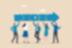An illustration of a team, each person holding a piece of an arrow pointing forward