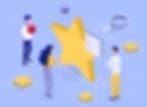 Isometric illustration of people interacting with a large star and checklist for rating.