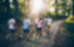 A group of runners jogging through a wooded path, with sunlight streaming through the trees.