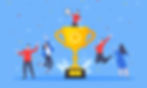 A woman stands atop a golden trophy holding a certificate, while others celebrate with confetti around her.
