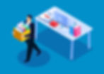 Isometric illustration of a man carrying a box of office supplies away from a desk.