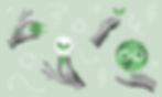 Collage of hands holding sustainable icons like a plug, a light bulb, and a globe on a green background.
