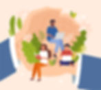 An illustration of three people working on laptops, protected by large hands, surrounded by greenery and gears.
