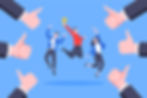An illustration of three people celebrating with a trophy, surrounded by thumbs up symbols.