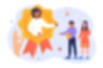 An illustration of a woman being given recognition by two colleagues