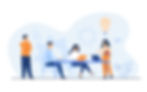Graphic of diverse office team collaborating around a table with digital devices.