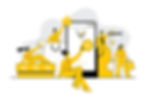 Yellow and black illustration of a woman engaging in online shopping and rating products.