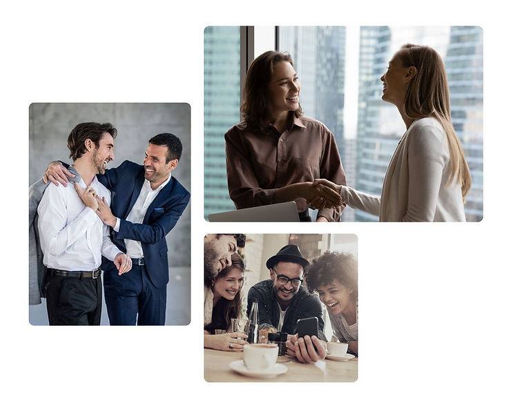 A collage of three professional and casual moments: two men in a friendly workplace interaction, two women shaking hands in an office with a city view, and a group of friends laughing over coffee at a cafe.