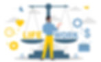 Illustration of a person balancing work and life on scales, surrounded by symbols of time, money, and health.