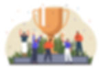 Illustrated image of a diverse team celebrating victory on a podium with a large trophy and confetti.