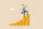 Businessperson celebrating success on top of stacked coins, symbolizing financial achievement.