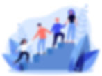 Illustration of four people climbing steps and helping each other in a stylized landscape.