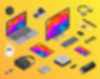 Isometric view of colorful digital devices and gadgets on a yellow background.