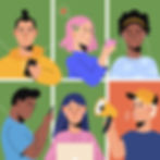 Illustrated diverse young people engaging with phones and laptops, colorful squares as background.