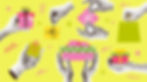 Collage-style illustration of hands exchanging colorful gift boxes and bags against a bright yellow background with decorations.