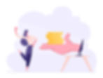 A stylized illustration of a woman receiving a stack of coins from a giant hand extending from a computer.