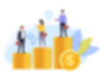 Illustration of three businesspeople standing on stacked coins representing growth and financial success.