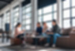A group of young professionals sitting in a modern office lounge, discussing work and collaborating on a project.
