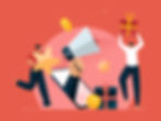Illustration of people with a megaphone and gifts, representing online marketing and rewards.