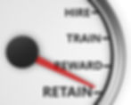 Gauge illustration with indicators for Hire, Train, Reward, and Retain pointing towards Reward.