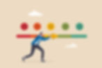Illustration of a man pushing a slider from a sad face to a happy face on an emotion scale.