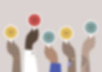 Various hands holding paddles with different facial expressions, representing diverse emotions and feedback.