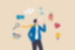 A conceptual illustration of a businessman thinking, with icons representing communication, time management, problem-solving, and crea