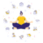 Illustration of a woman meditating, surrounded by icons representing different aspects of life like health, shopping, and education.