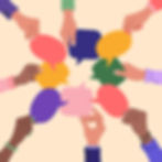 Diverse hands holding colorful speech bubbles, symbolizing communication and collaboration.
