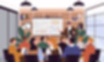 A business seminar or training session with a presenter explaining charts to an attentive audience in a modern room.