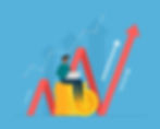 Illustration of a person sitting on stacked coins, analyzing rising financial graphs.