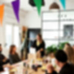 An office party with drinks and snacks