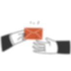 Minimalist illustration of two hands passing a bright orange envelope.