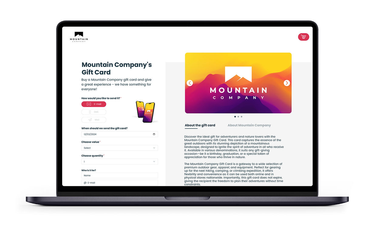 Laptop displaying Mountain Company's gift card purchase webpage through the GoGift Engine..