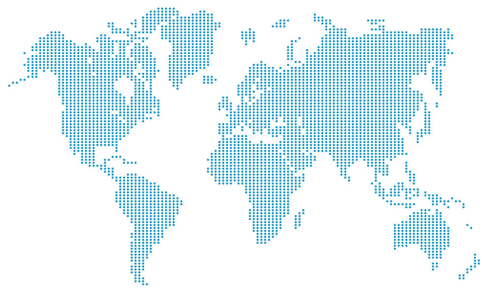 A dotted world map in blue on a white background, possibly representing a global network or reach.