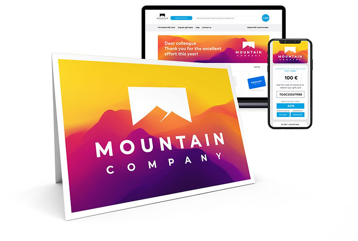 A set of corporate gift items including a greeting card from "MOUNTAIN COMPANY," a laptop screen with a thank you message, and a mobile phone displaying a 100 Euro digital gift card.
