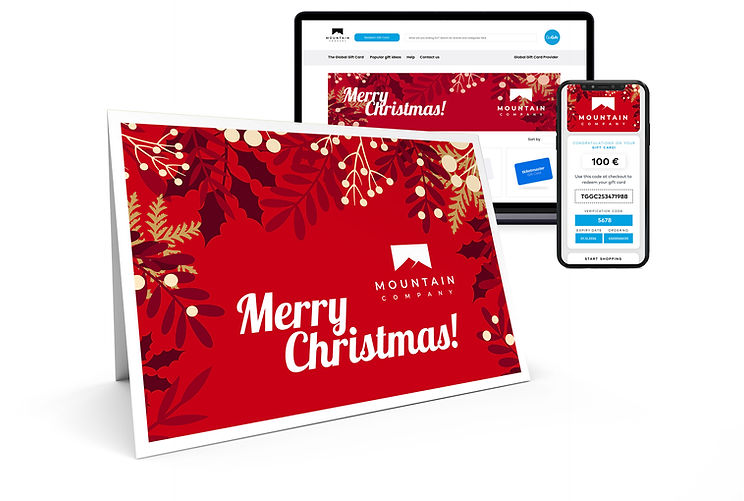 A promotional image featuring a "Merry Christmas" greeting card from "MOUNTAIN COMPANY" with a customizable option to add a logo and design, accompanied by a laptop and smartphone displaying the company's digital gift card interface.