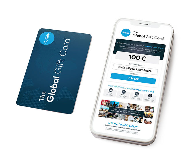 A physical "Global Gift Card" next to a smartphone displaying the card's details with a congratulatory message for a 100 Euro credit, and instructions on how to redeem it.
