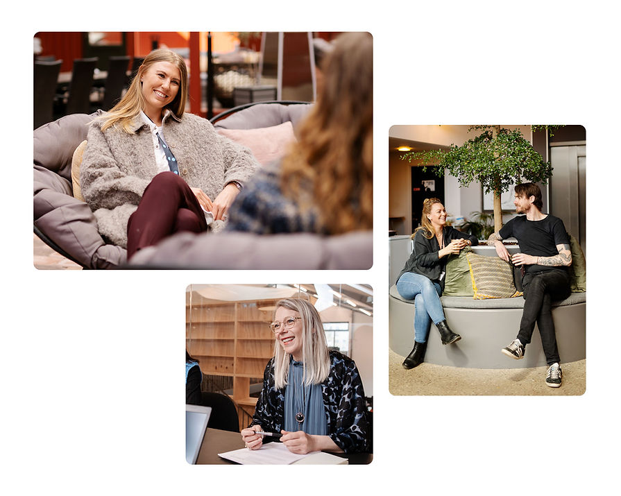 A collage of three office scenarios featuring casual professional interactions: a woman smiling in conversation on a couch, a pair enjoying a chat on a bench, and another woman taking notes during a meeting.