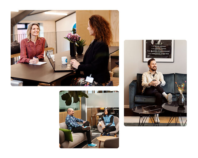 Three office scenes: a reception chat, a relaxed man on a couch, and a casual meeting area.