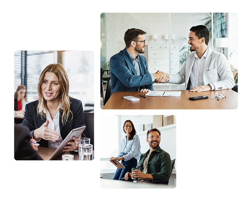 A collage of three office scenarios featuring casual professional interactions: a woman smiling in conversation on a couch, a pair enjoying a chat on a bench, and another woman taking notes during a meeting.