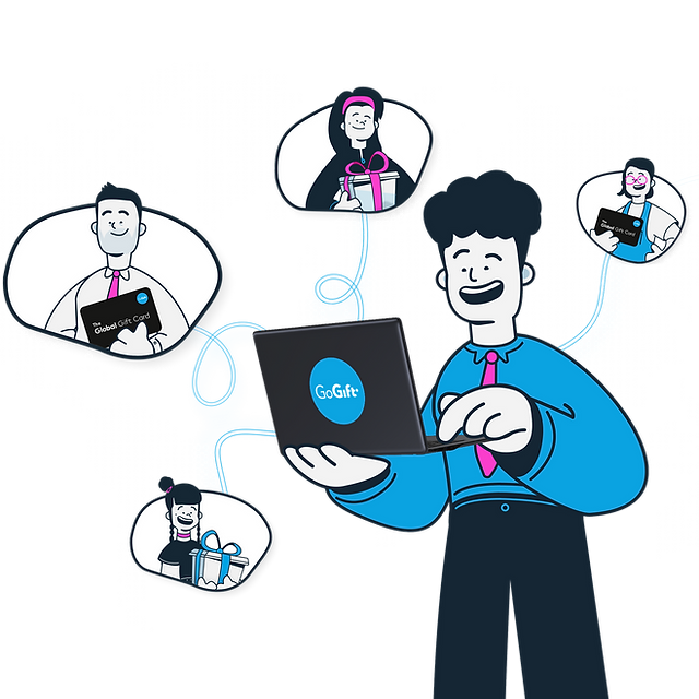 A cartoon man holding an open laptop with the "GoGift" logo, surrounded by thought bubbles showing various gifting options.