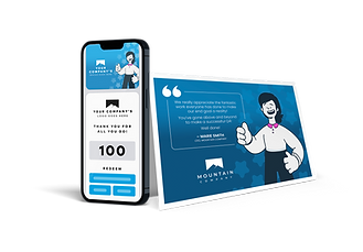 A blue-themed digital gift card on a mobile phone screen beside a matching greeting card with a quote of appreciation from "MOUNTAIN COMPANY".