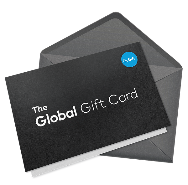 An elegant black envelope with "The Global Gift Card" in white text, partially overlaid on top of a matching gift card with the "GoGift" logo.