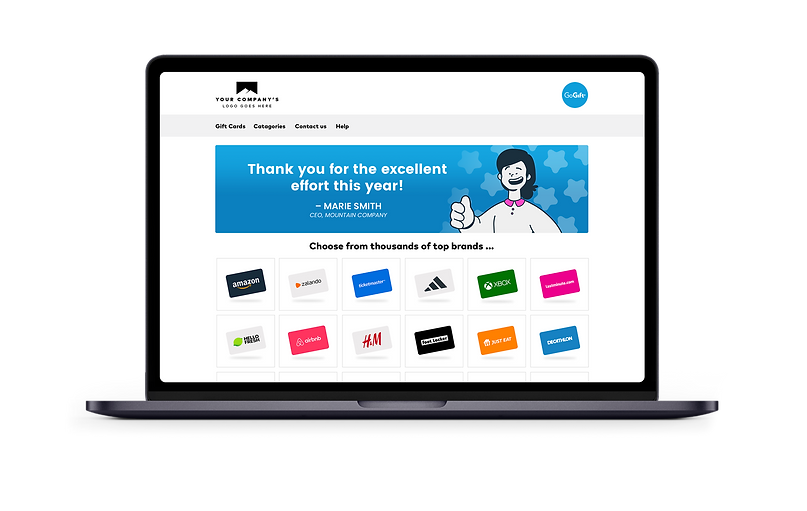 Laptop screen displaying a web page with a thank you message from "MARIE SMITH, CEO, MOUNTAIN COMPANY," above a selection of gift card brands available for a corporate gifting platform.