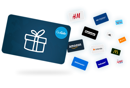 An illustration of a GoGift gift card, creatively displaying a variety of branded gift cards emerging from it, symbolizing the wide range of choices available.