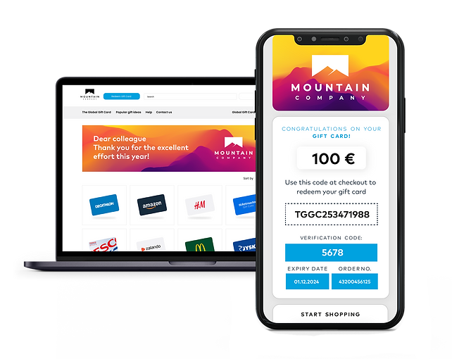 A laptop and smartphone side by side; the laptop screen displays a "MOUNTAIN COMPANY" gift card web page with a thank you message, and the smartphone shows the digital gift card with a value of 100 euros and redemption details.