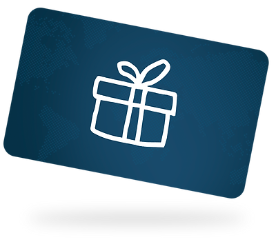 A tilted view of a dark blue gift card with a white gift box icon, representing a generic or branded gift card.